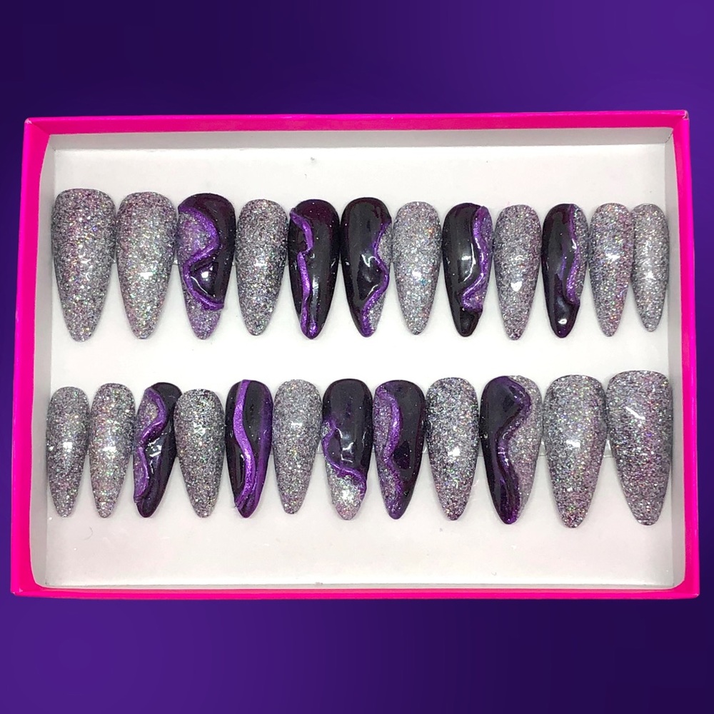 *SOLD* Handmade Press On Nails Long Almond Shape Full Set UV Gel Purple & Holo … - Picture 10 of 13